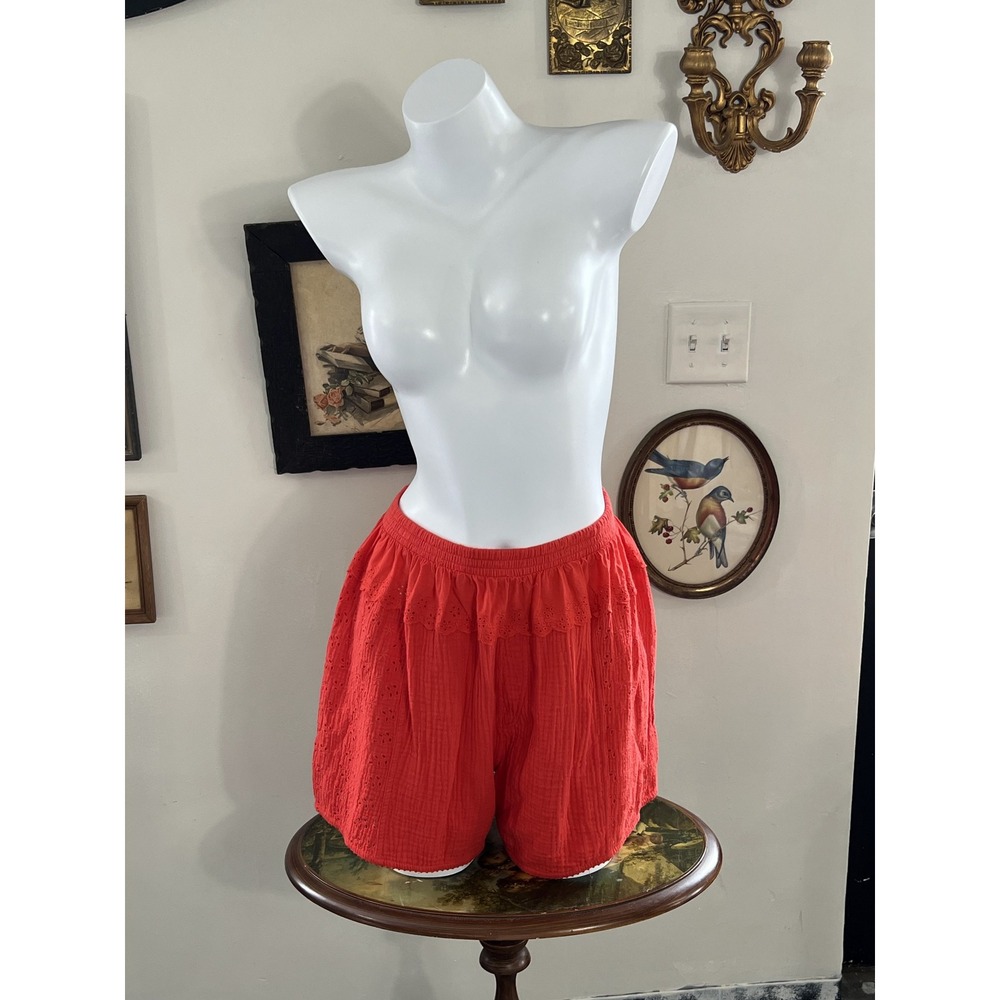 Free People Red Cotton Eyelet Lace Trim Elastic Waist Casual Lounge Shorts Siz S
